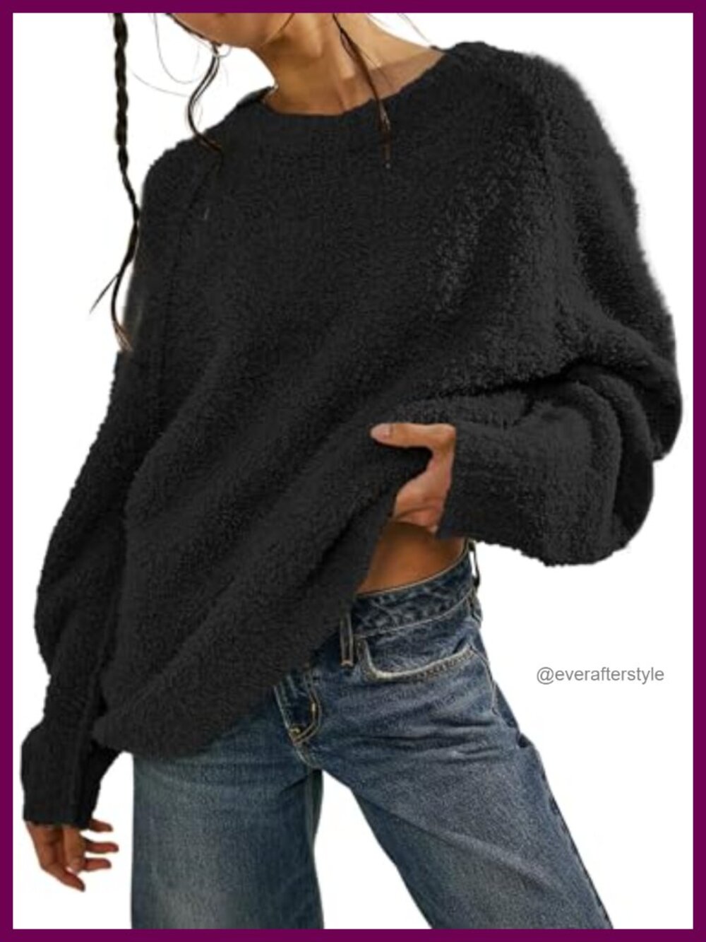 Oversized Fuzzy Pullover Sweater Scoop Neck Raglan Long Sleeve Fall Winter